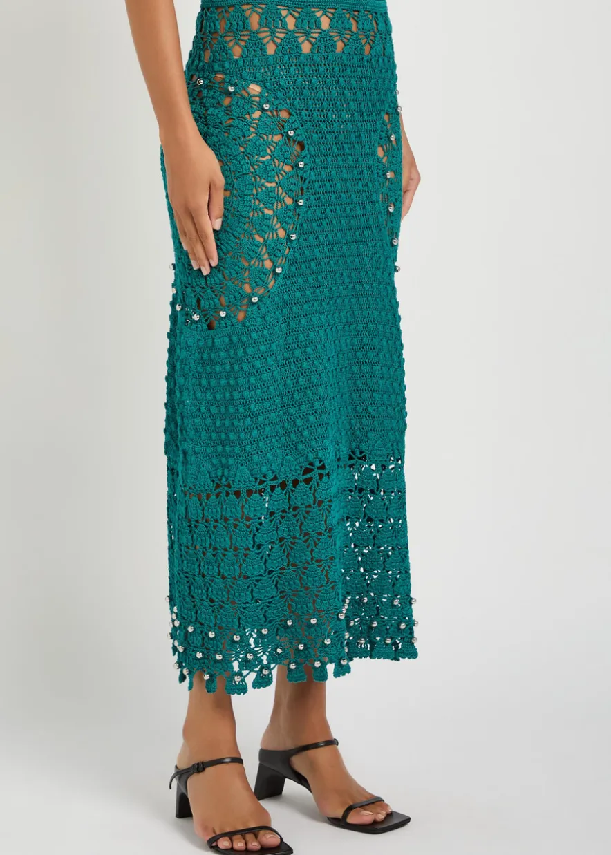 Bead-embellished crochet cotton midi skirt