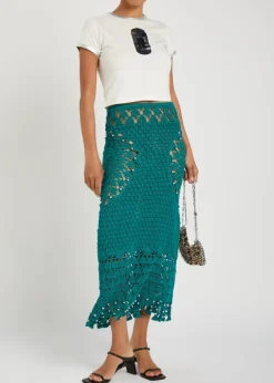 Bead-embellished crochet cotton midi skirt