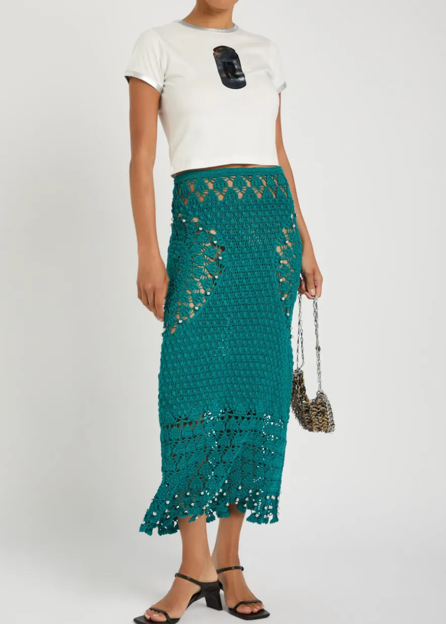Bead-embellished crochet cotton midi skirt