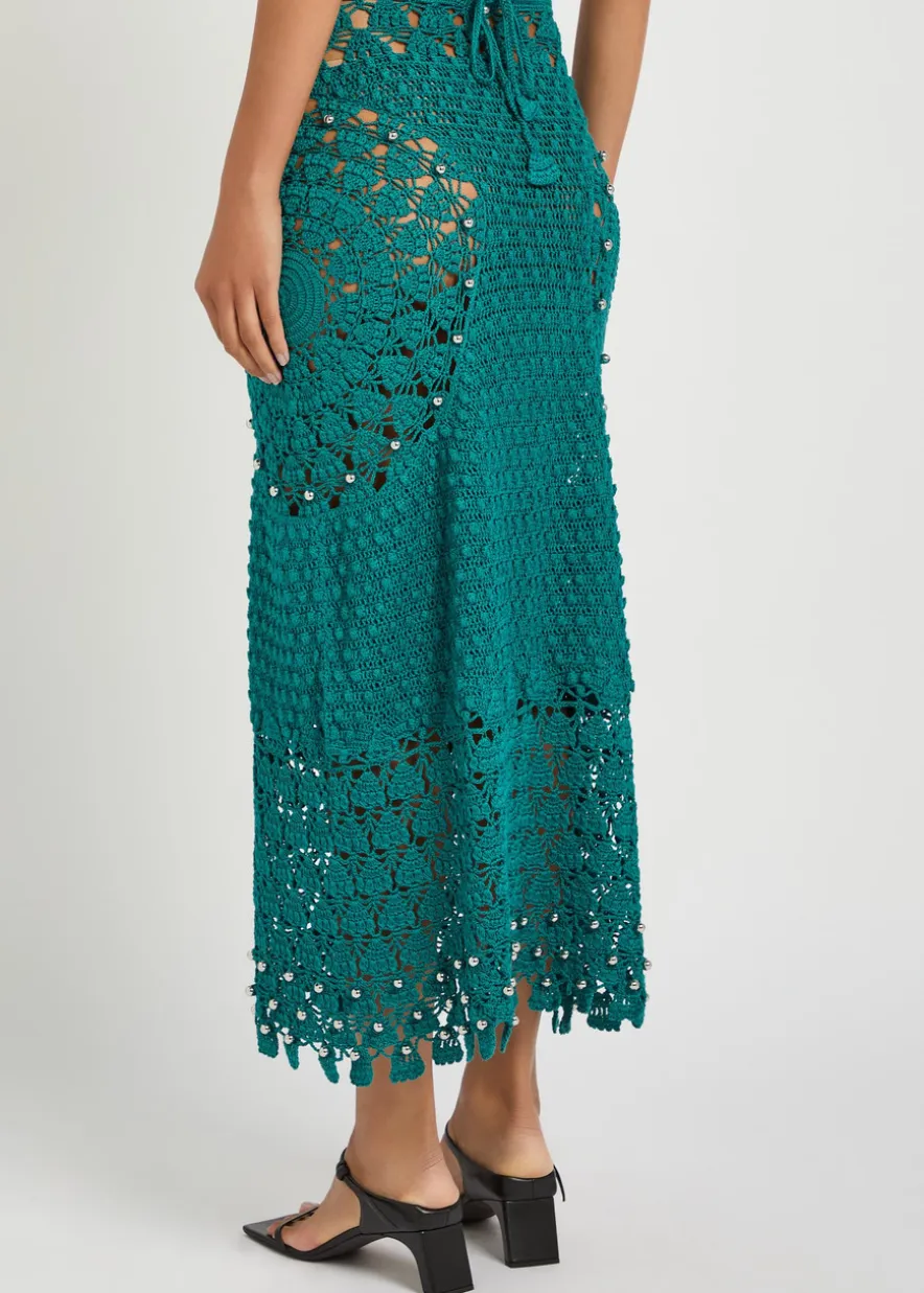 Bead-embellished crochet cotton midi skirt