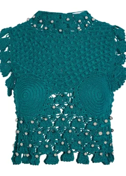 Bead-embellished crochet cotton crop top