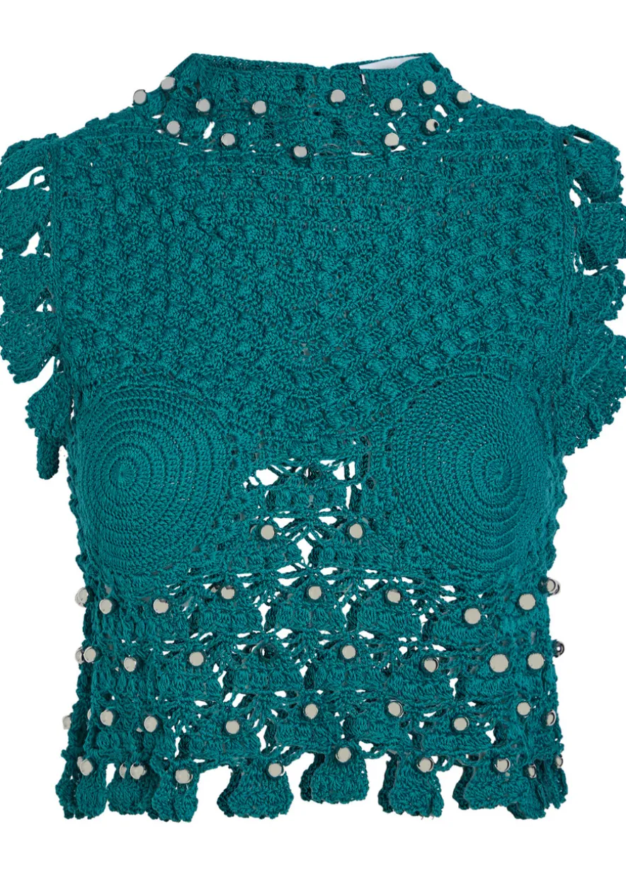 Bead-embellished crochet cotton crop top