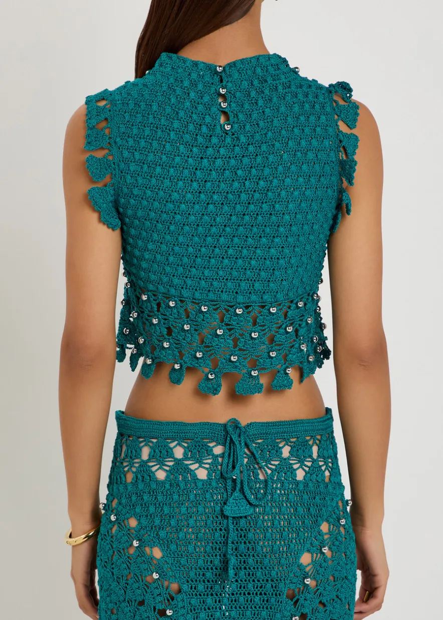 Bead-embellished crochet cotton crop top