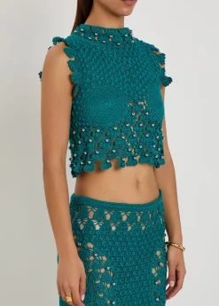 Bead-embellished crochet cotton crop top