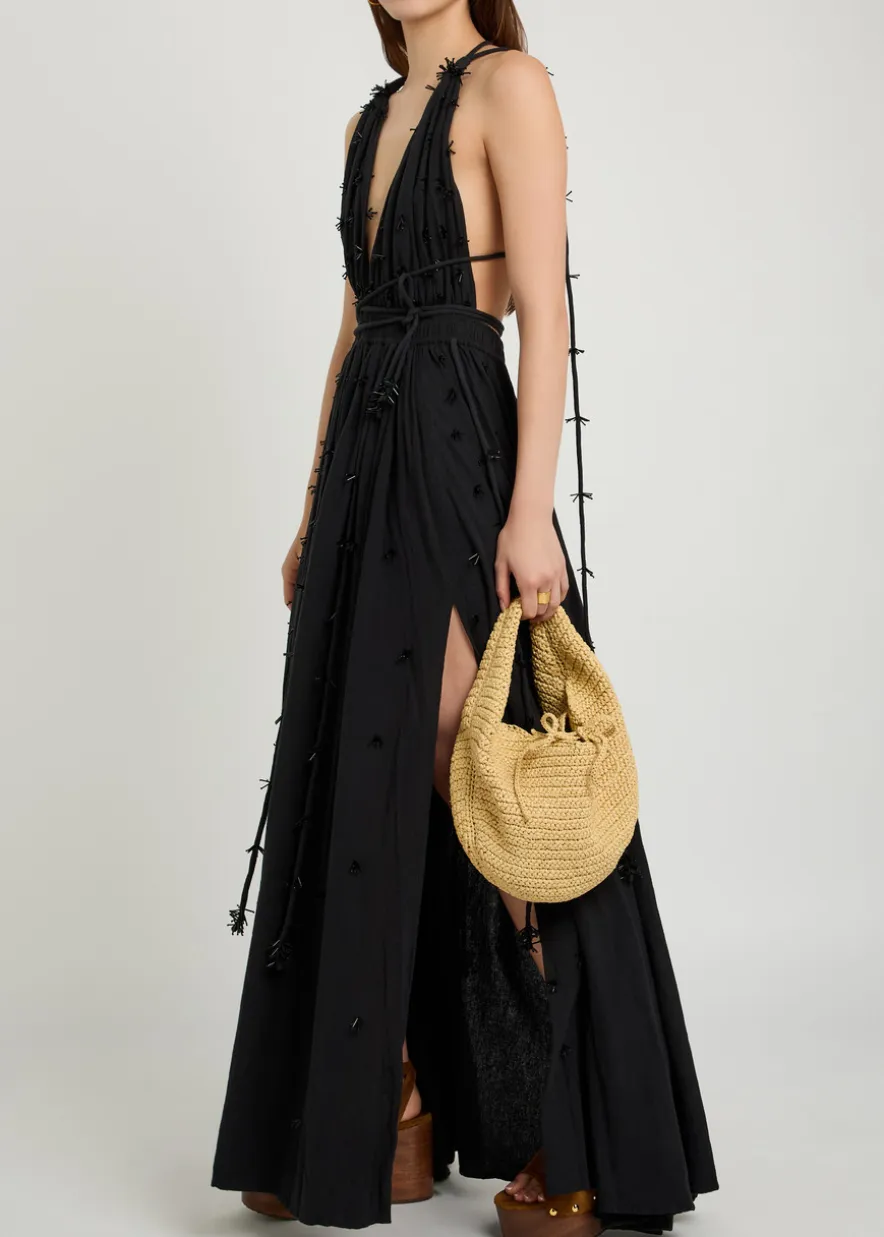 Bead embellished halterneck cotton maxi dress