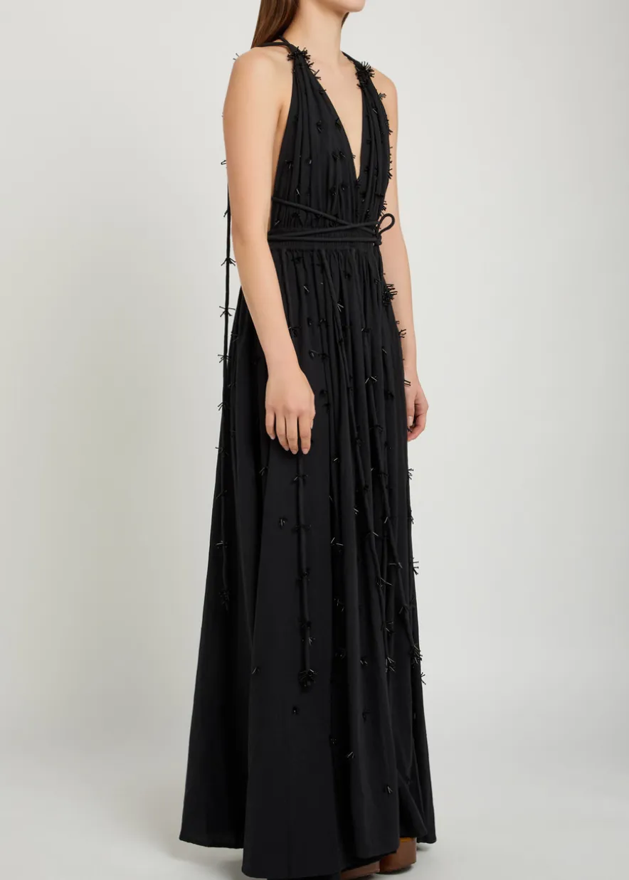 Bead embellished halterneck cotton maxi dress