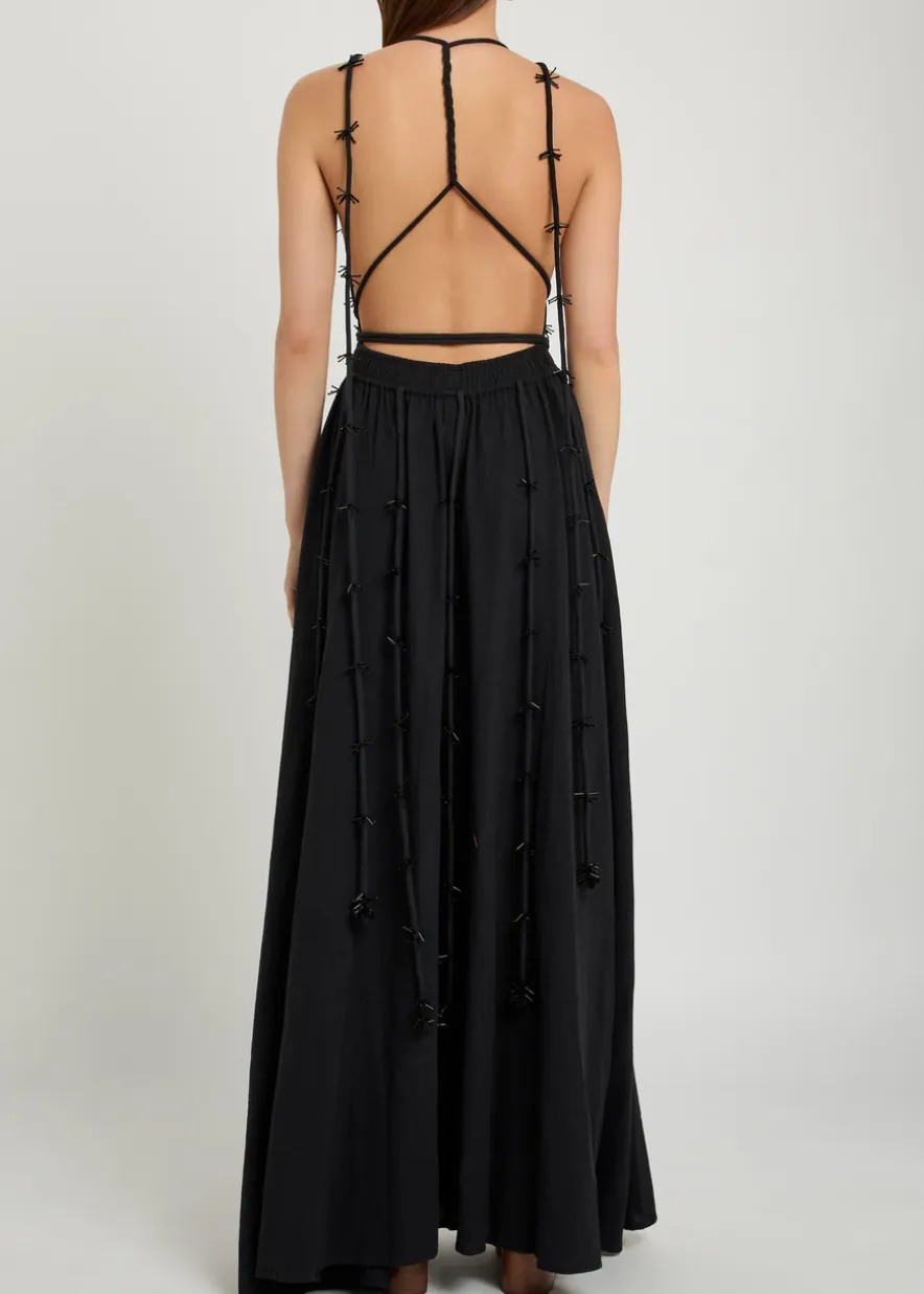 Bead embellished halterneck cotton maxi dress