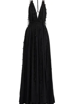 Bead embellished halterneck cotton maxi dress