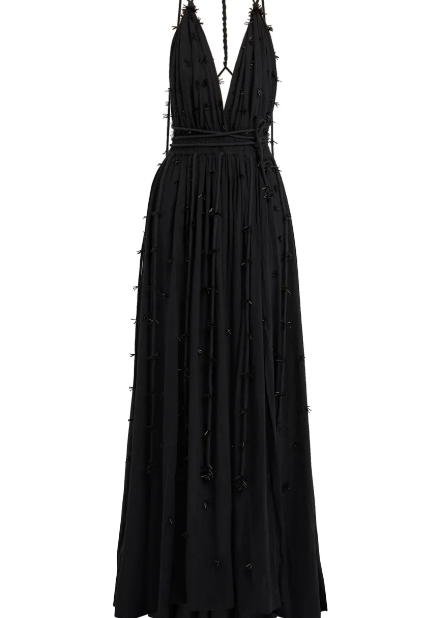 Bead embellished halterneck cotton maxi dress