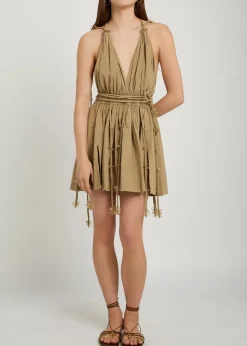 Bead embellished halterneck cotton mini dress