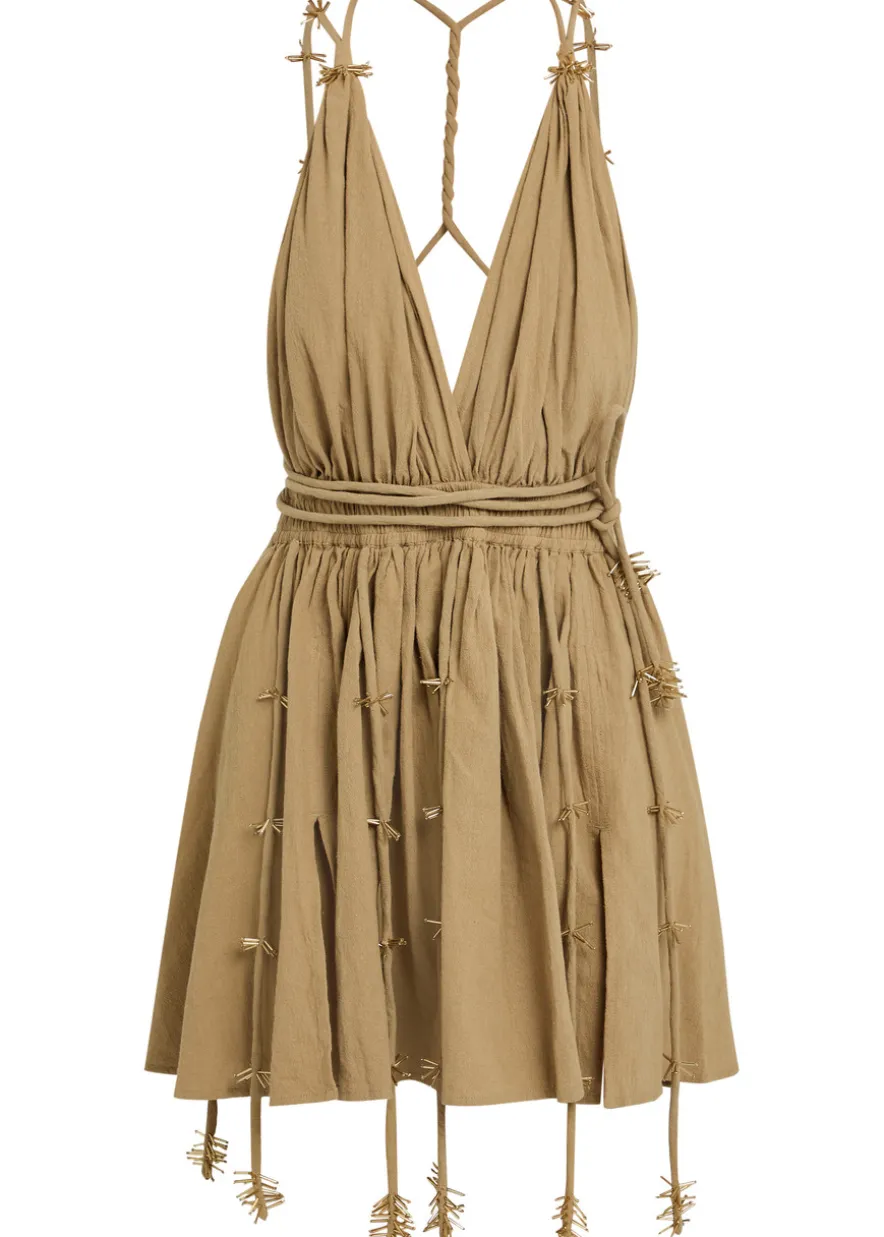 Bead embellished halterneck cotton mini dress