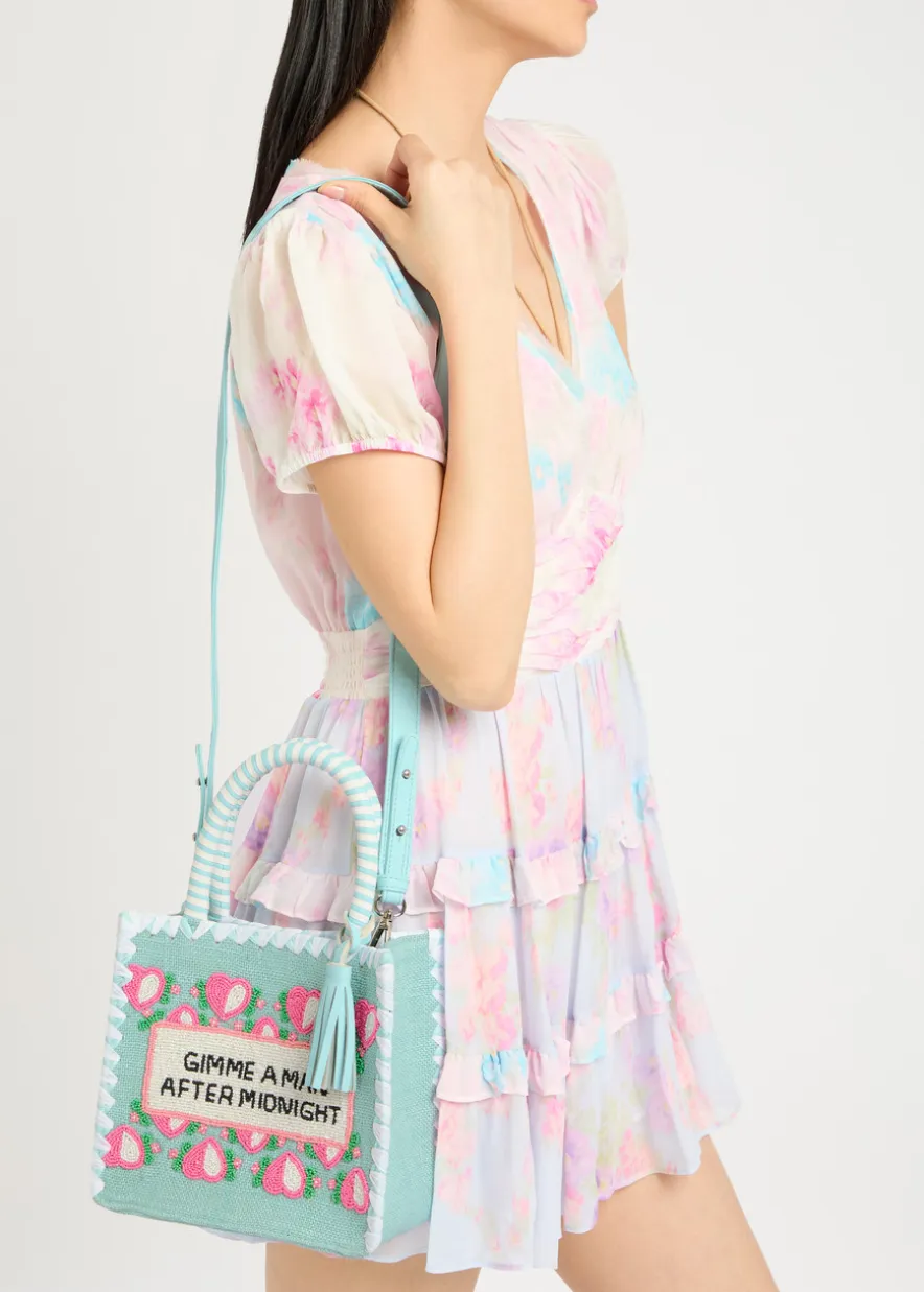 Bead-embellished woven top handle bag