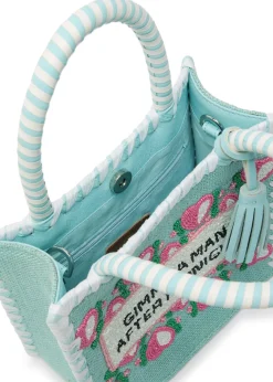 Bead-embellished woven top handle bag