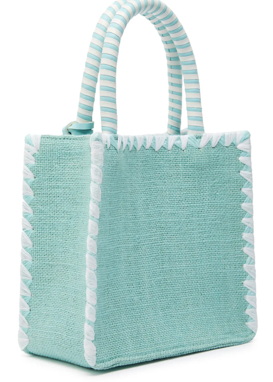Bead-embellished woven top handle bag