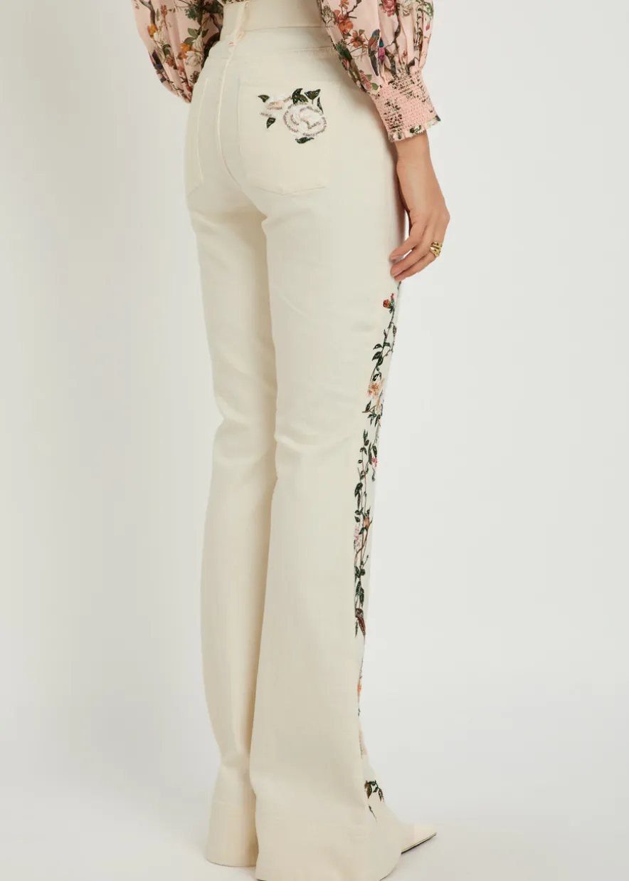 Beautiful floral-embroidered flared-leg jeans