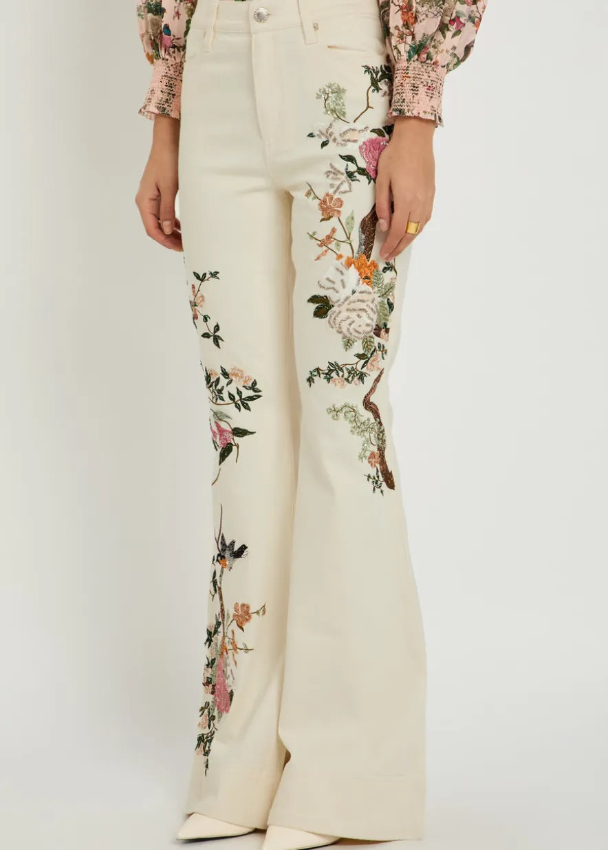 Beautiful floral-embroidered flared-leg jeans