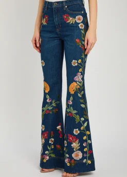 Beautiful floral-embroidered flared-leg jeans