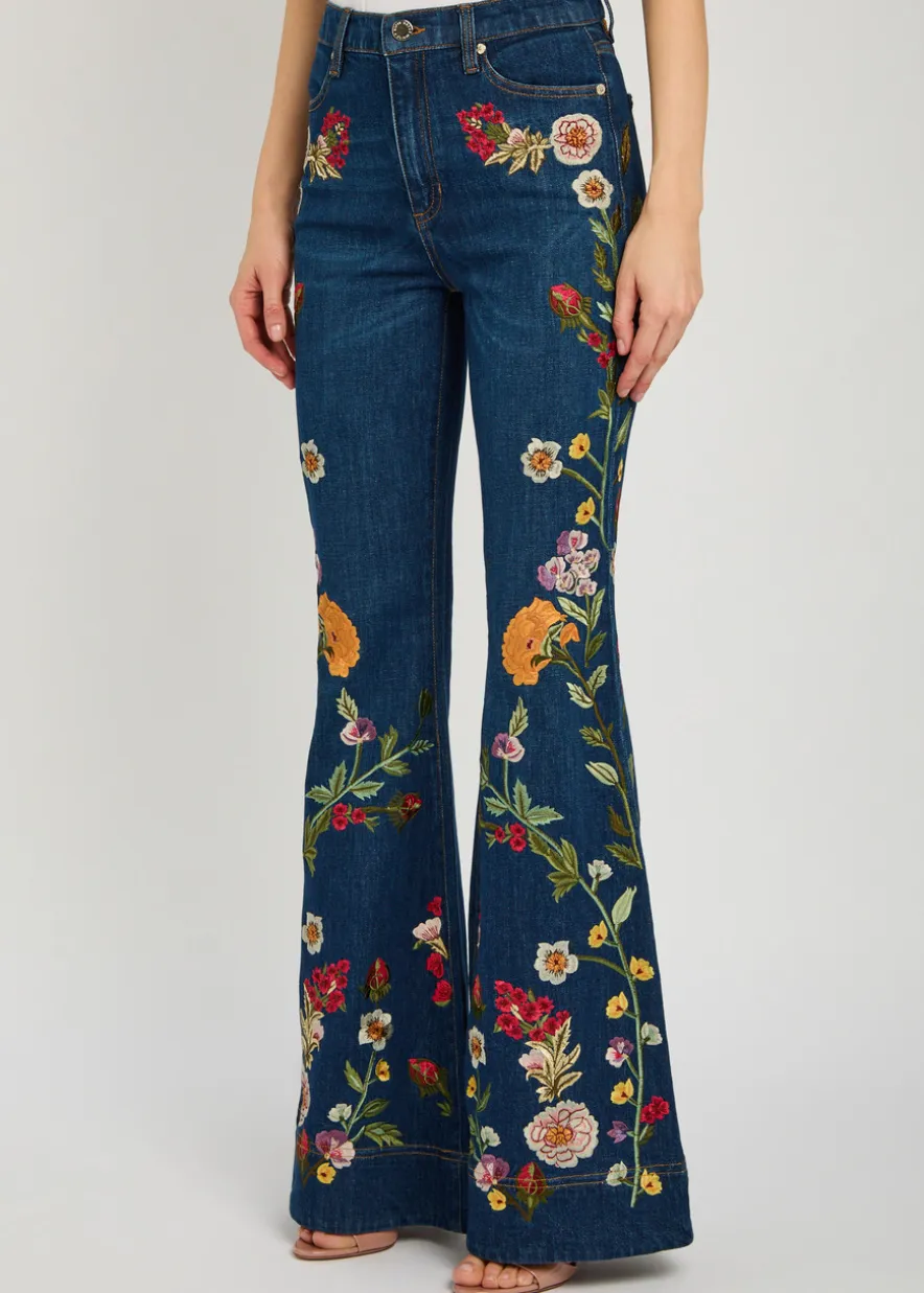 Beautiful floral-embroidered flared-leg jeans