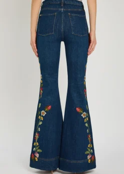 Beautiful floral-embroidered flared-leg jeans
