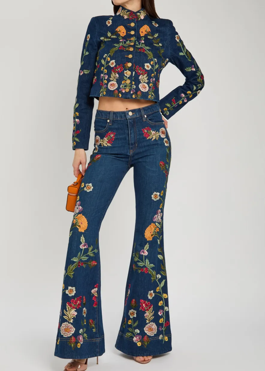 Beautiful floral-embroidered flared-leg jeans
