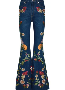 Beautiful floral-embroidered flared-leg jeans