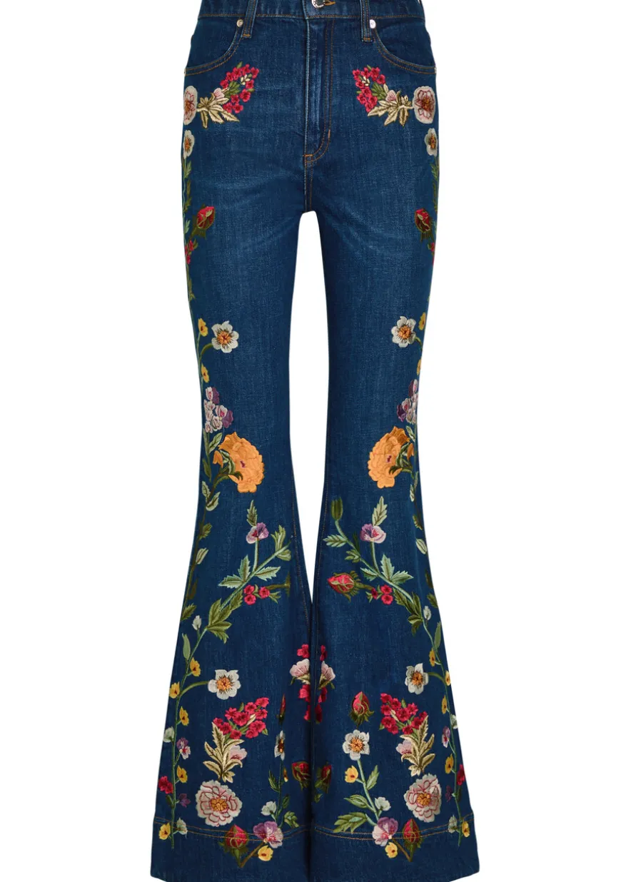 Beautiful floral-embroidered flared-leg jeans