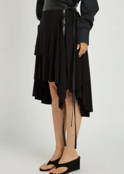 Belted asymmetric jersey mini skirt