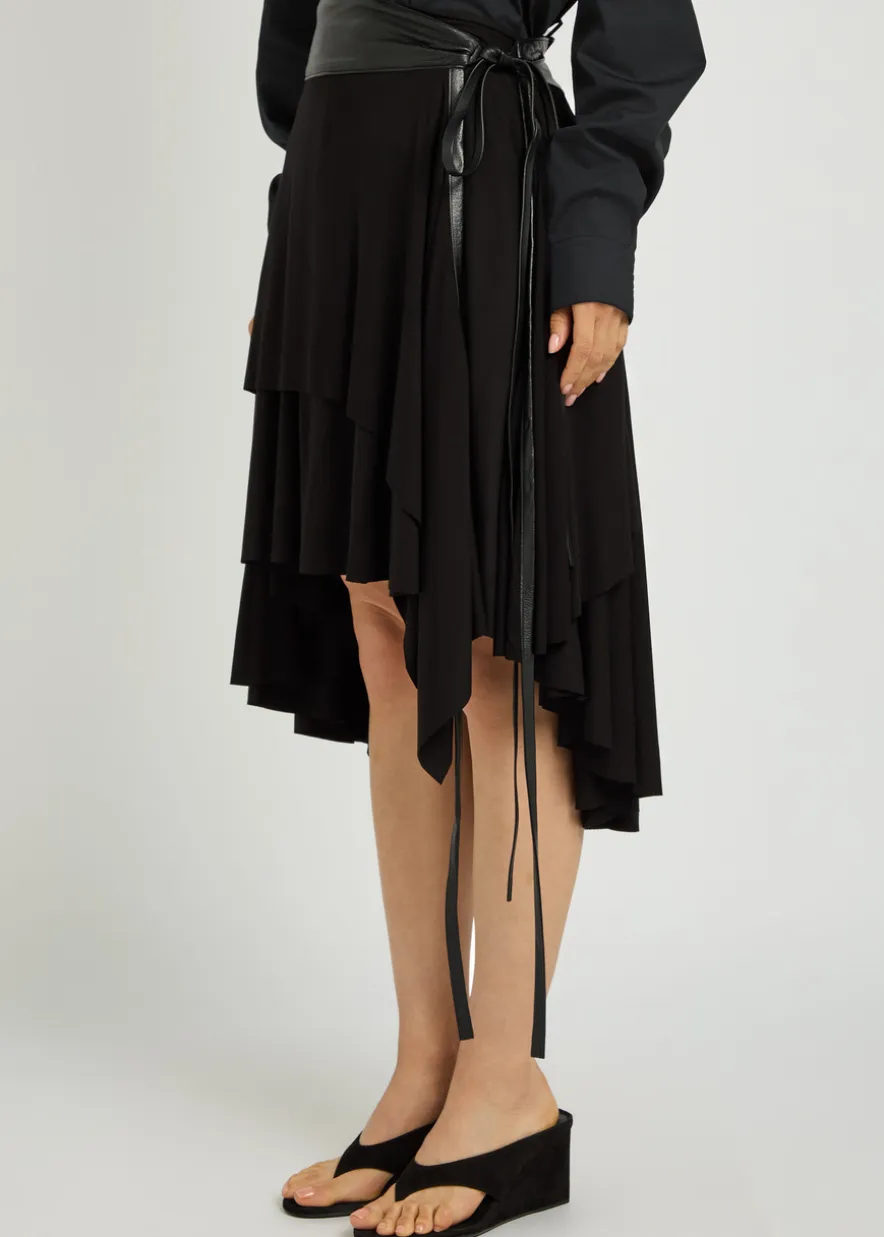 Belted asymmetric jersey mini skirt