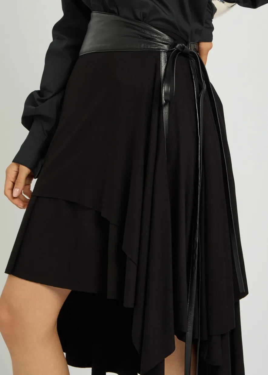 Belted asymmetric jersey mini skirt