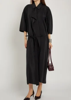Belted brushed silk-blend midi shirt dress