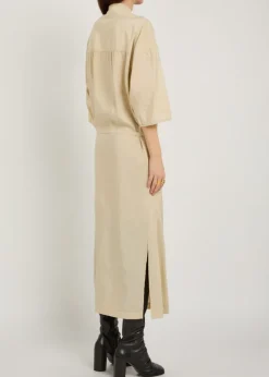 Belted brushed silk-blend midi shirt dress