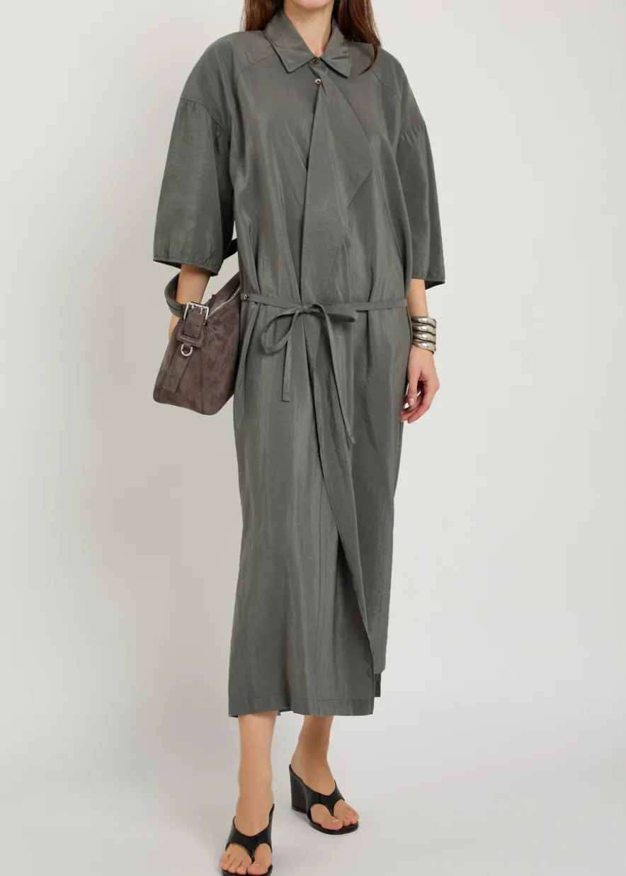 Belted brushed silk-blend midi shirt dress