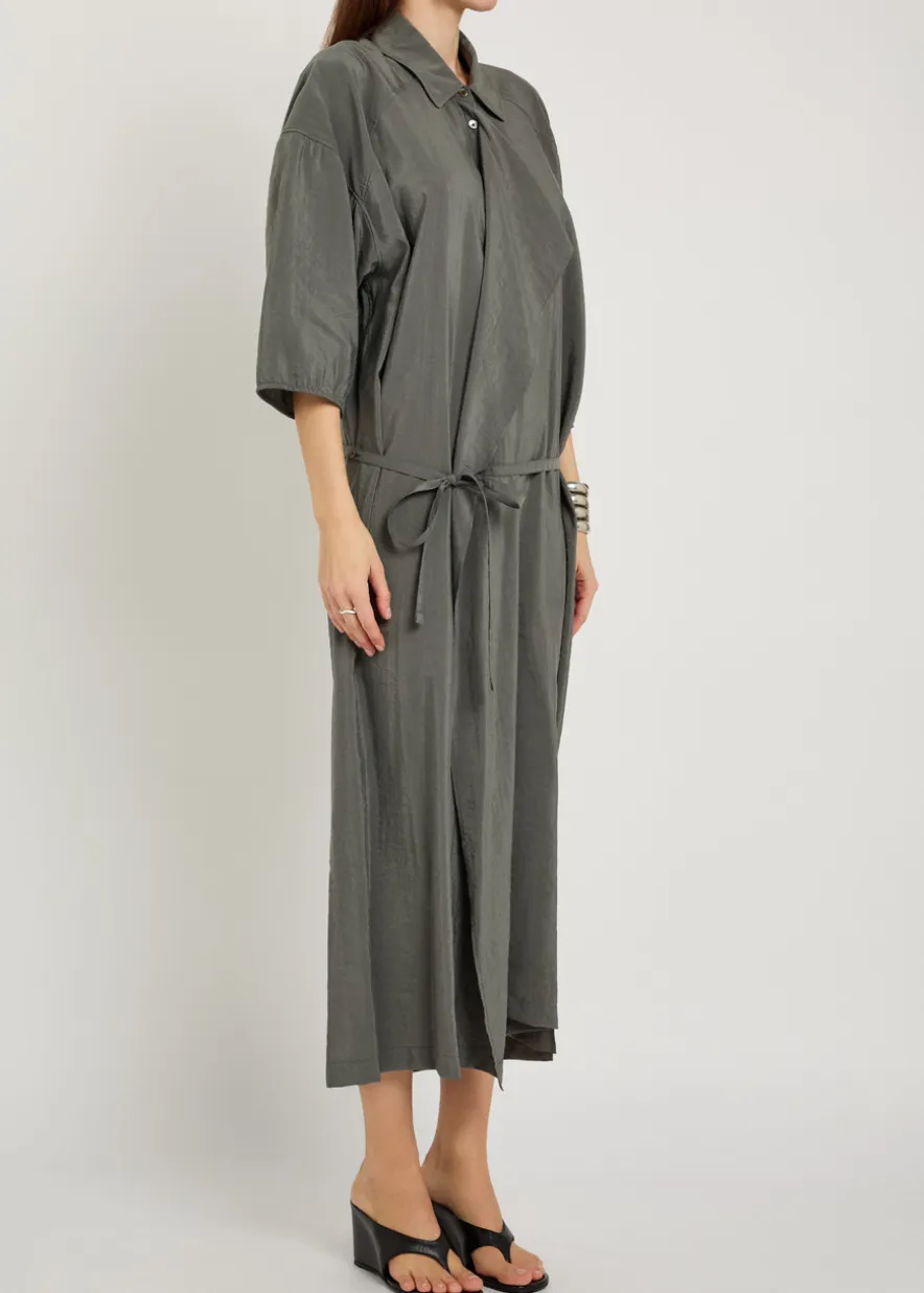 Belted brushed silk-blend midi shirt dress