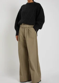 Belted cotton-blend poplin trousers