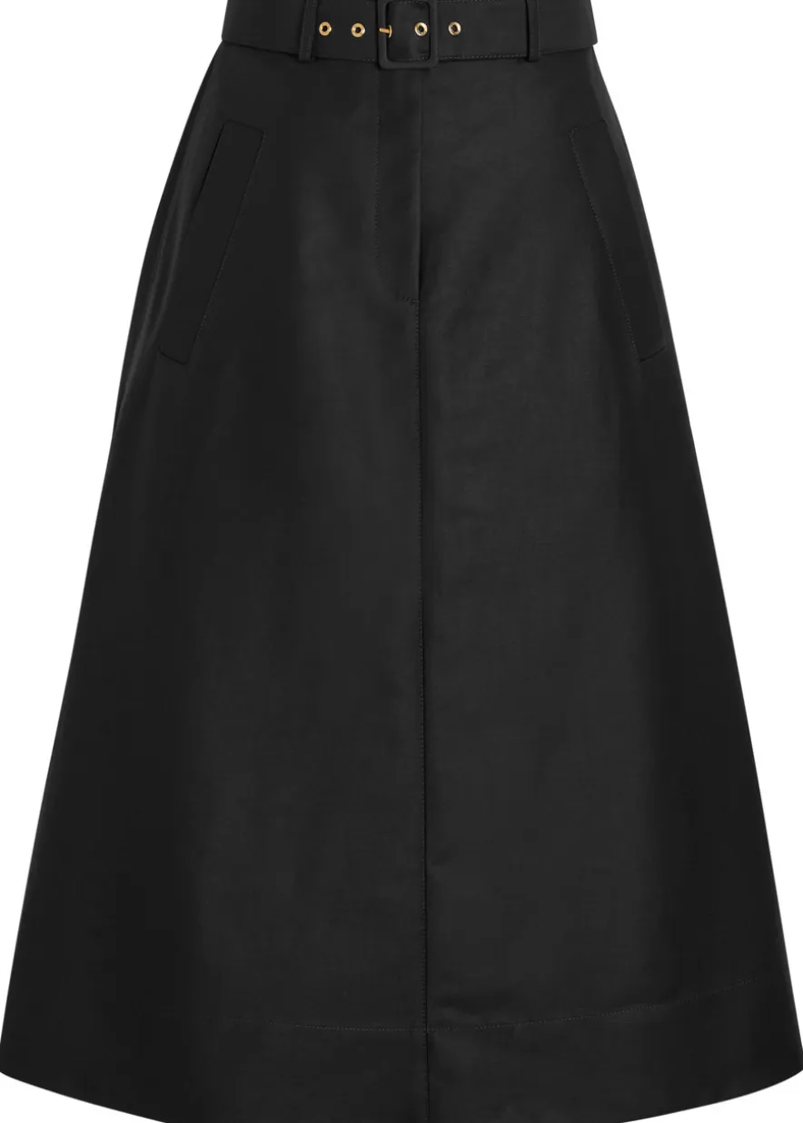 Belted cotton-poplin midi skirt