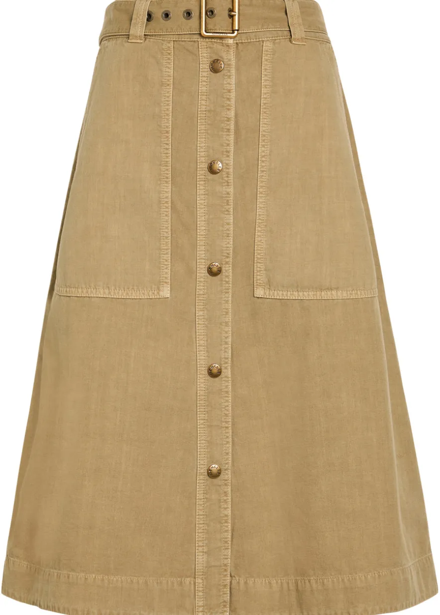 Belted cotton-twill midi skirt