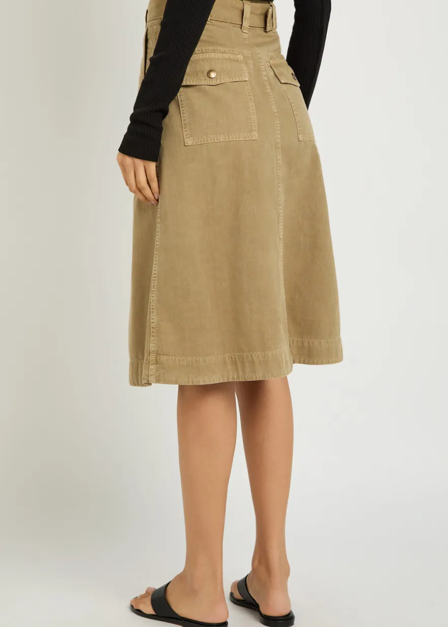 Belted cotton-twill midi skirt