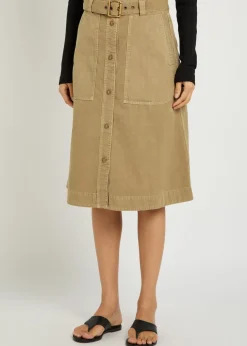 Belted cotton-twill midi skirt