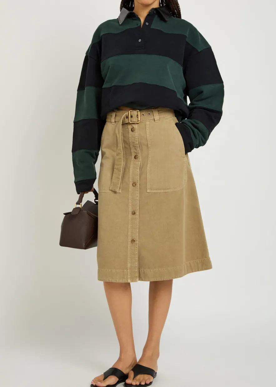 Belted cotton-twill midi skirt
