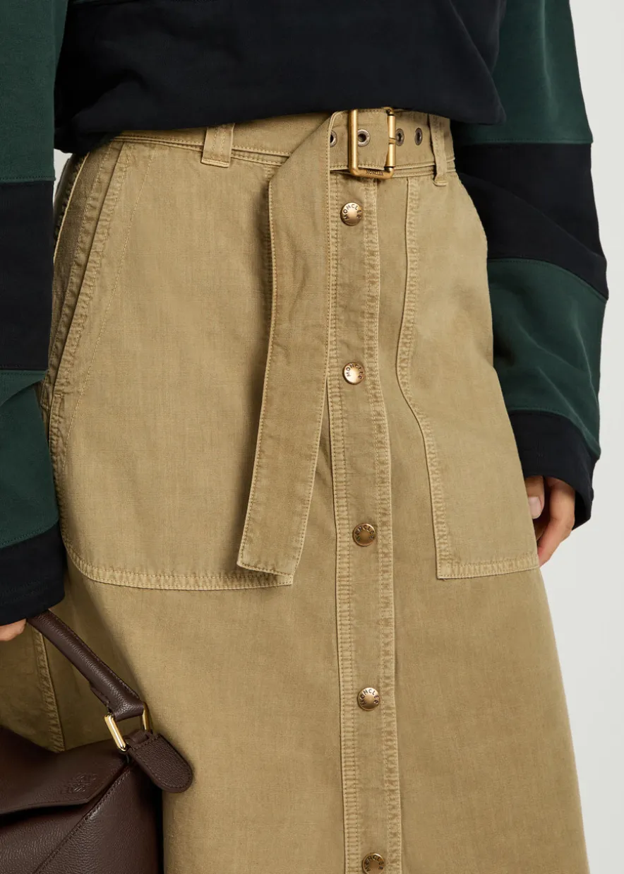 Belted cotton-twill midi skirt