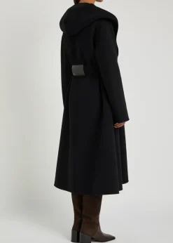 Belted hooded wool wrap coat