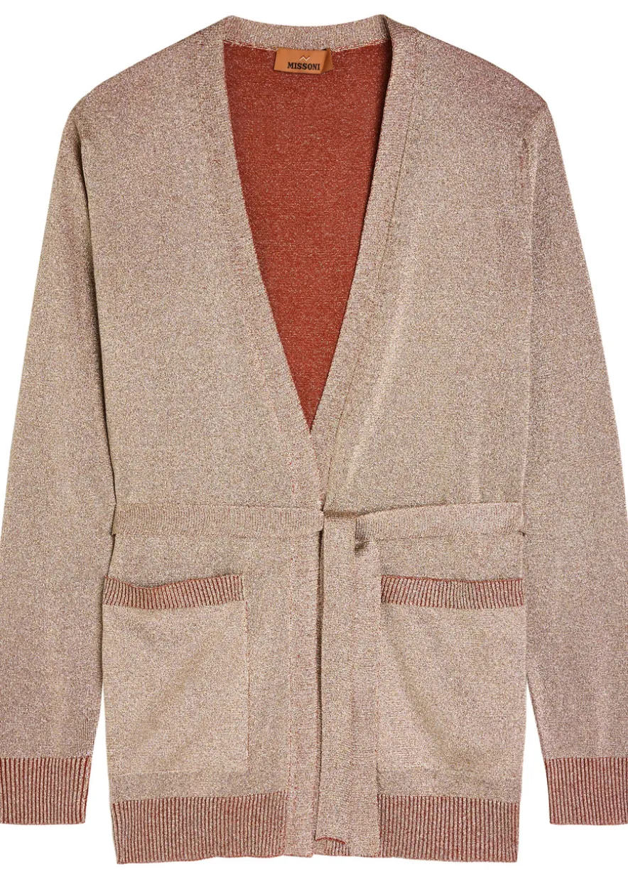 Belted lamé knit cardigan
