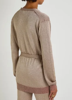 Belted lamé knit cardigan