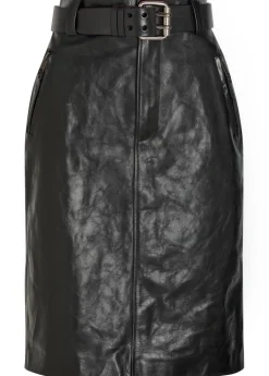 Belted leather midi skirt