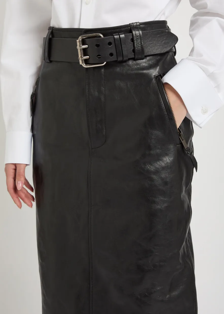 Belted leather midi skirt