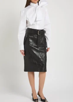 Belted leather midi skirt