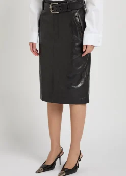 Belted leather midi skirt