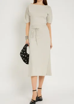 Belted off-the-shoulder cotton-blend midi dress