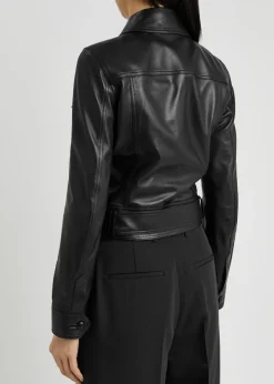 Belted panelled leather jacket