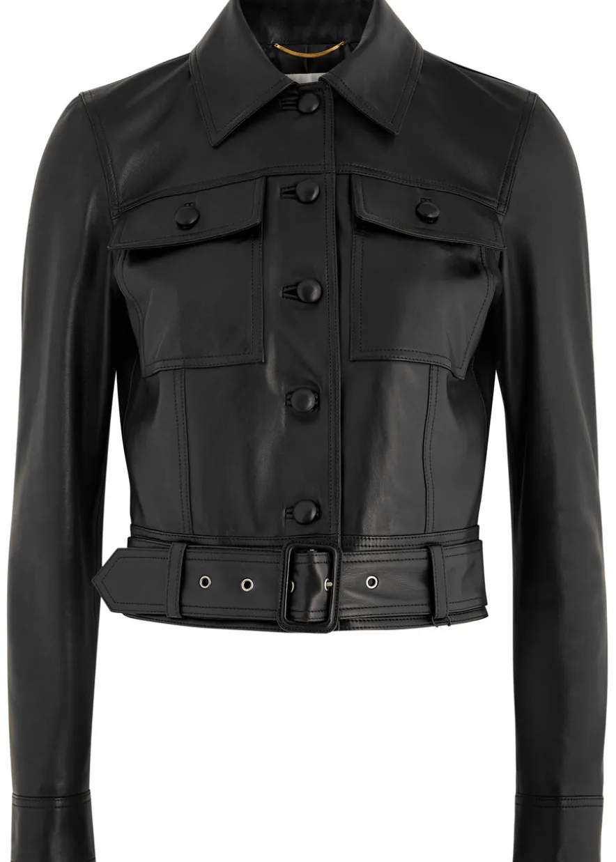 Belted panelled leather jacket
